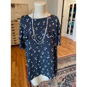 LOFT Black Floral Tiered Ruffle Short Sleeve Blouse XL Top